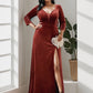 Plus Size Velvet Plunging V-Neck Front Slit 3/4 Sleeve Evening Dress Sexy
