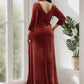 Plus Size Velvet Plunging V-Neck Front Slit 3/4 Sleeve Evening Dress Sexy
