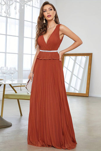 Brick Red Sheath V Neck Long Prom Dress Sexy Evening Dresses