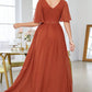 Brick Red Sheath Chiffon Long Prom Dress V-neck Evening Dresses
