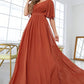 Brick Red Sheath Chiffon Long Prom Dress V-neck Evening Dresses