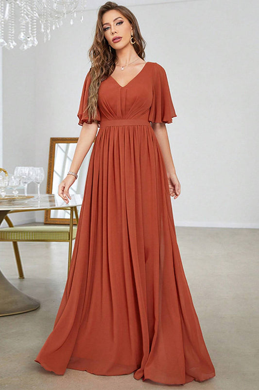Brick Red Sheath Chiffon Long Prom Dress V-neck Evening Dresses