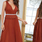 Brick Red Sheath V Neck Long Prom Dress Sexy Evening Dresses