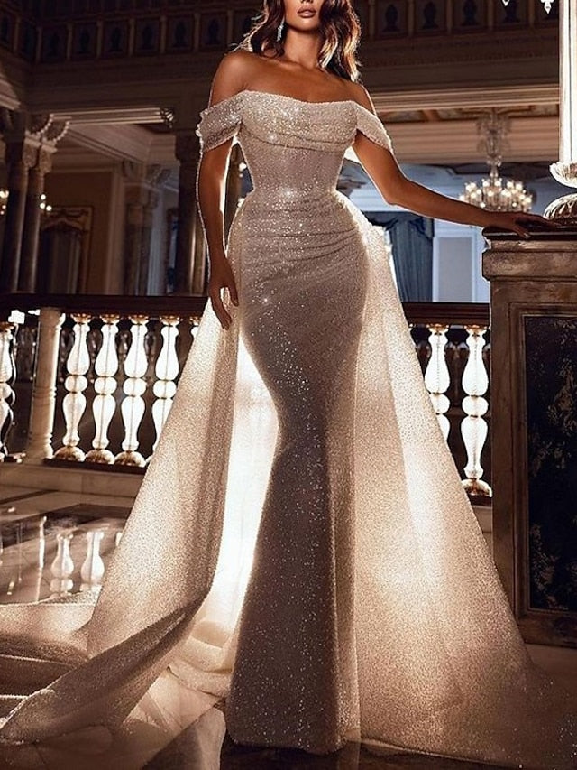 Trumpet/Mermaid Off-The-Shoulder Floor-Length Prom Dresses Sparkly 