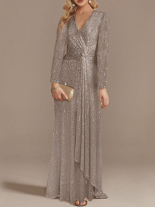 Trumpet/Mermaid V-Neck Long Sleeves Prom Evening Dresses With Sequin Sparkly