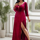 Plus Size Velvet Plunging V-Neck Front Slit 3/4 Sleeve Evening Dress Sexy
