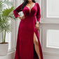Plus Size Velvet Plunging V-Neck Front Slit 3/4 Sleeve Evening Dress Sexy
