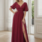 Chiffon Illusion V-Neck Flutter Sleeve Front Slit Evening Dress Sexy
