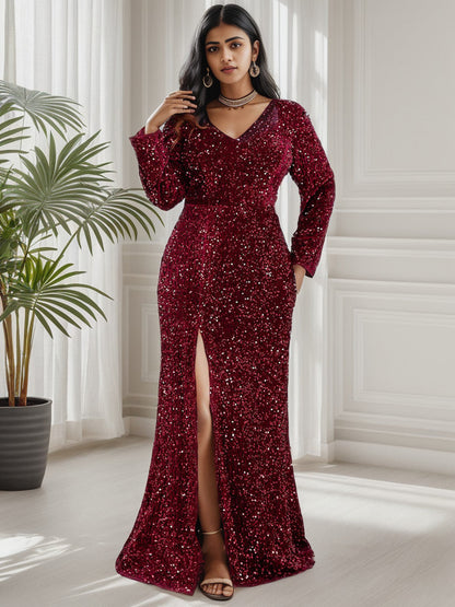Plus Size Long Sleeve Sequin Front Slit Bodycon Evening Dress Sparkly