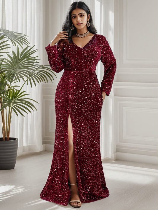 Plus Size Long Sleeve Sequin Front Slit Bodycon Evening Dress Sparkly