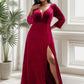 Plus Size Velvet Plunging V-Neck Front Slit 3/4 Sleeve Evening Dress Sexy
