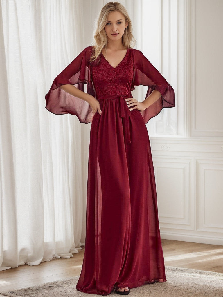 Deep V Neck Lace Bodice Long Flowy Evening Dress Sexy
