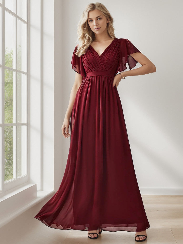 A-Line Pleated Chiffon Tie-Waist Evening Dress V-neck Party Dress