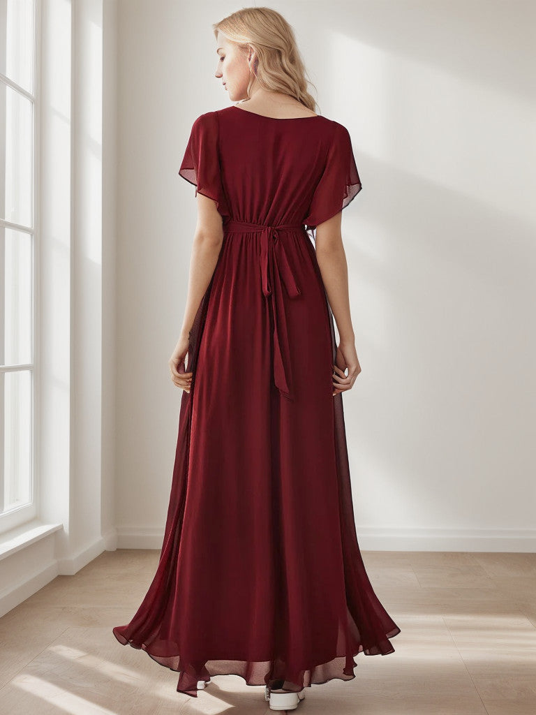 A-Line Pleated Chiffon Tie-Waist Evening Dress V-neck Party Dress