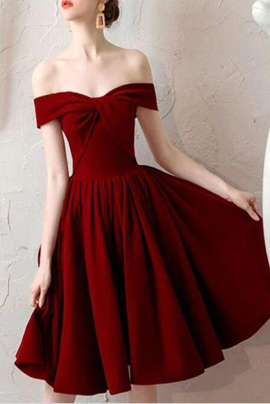 A Line Prom Dresses Off The Shoulder Pleated Homecoming Dress Knee Length Formal Dress