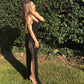 Black Spaghetti Straps Side High Slit V Neck Satin Mermaid Long Prom Dresses Sexy Evening Dresses