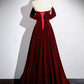 A-Line Velvet Burgundy Long Prom Dress Formal Dress Off Shoulder Elegant Evening Dress december wedding guest dress