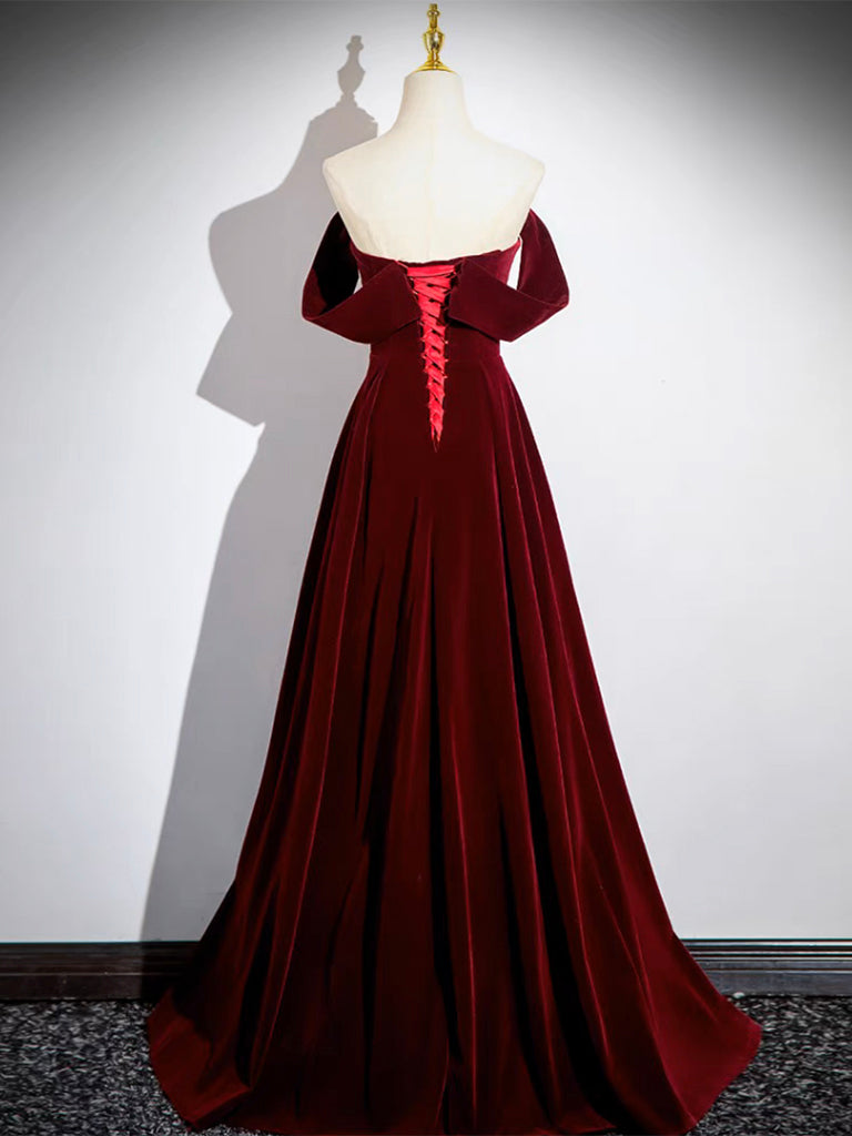 A-Line Velvet Burgundy Long Prom Dress Formal Dress Off Shoulder Elegant Evening Dress december wedding guest dress