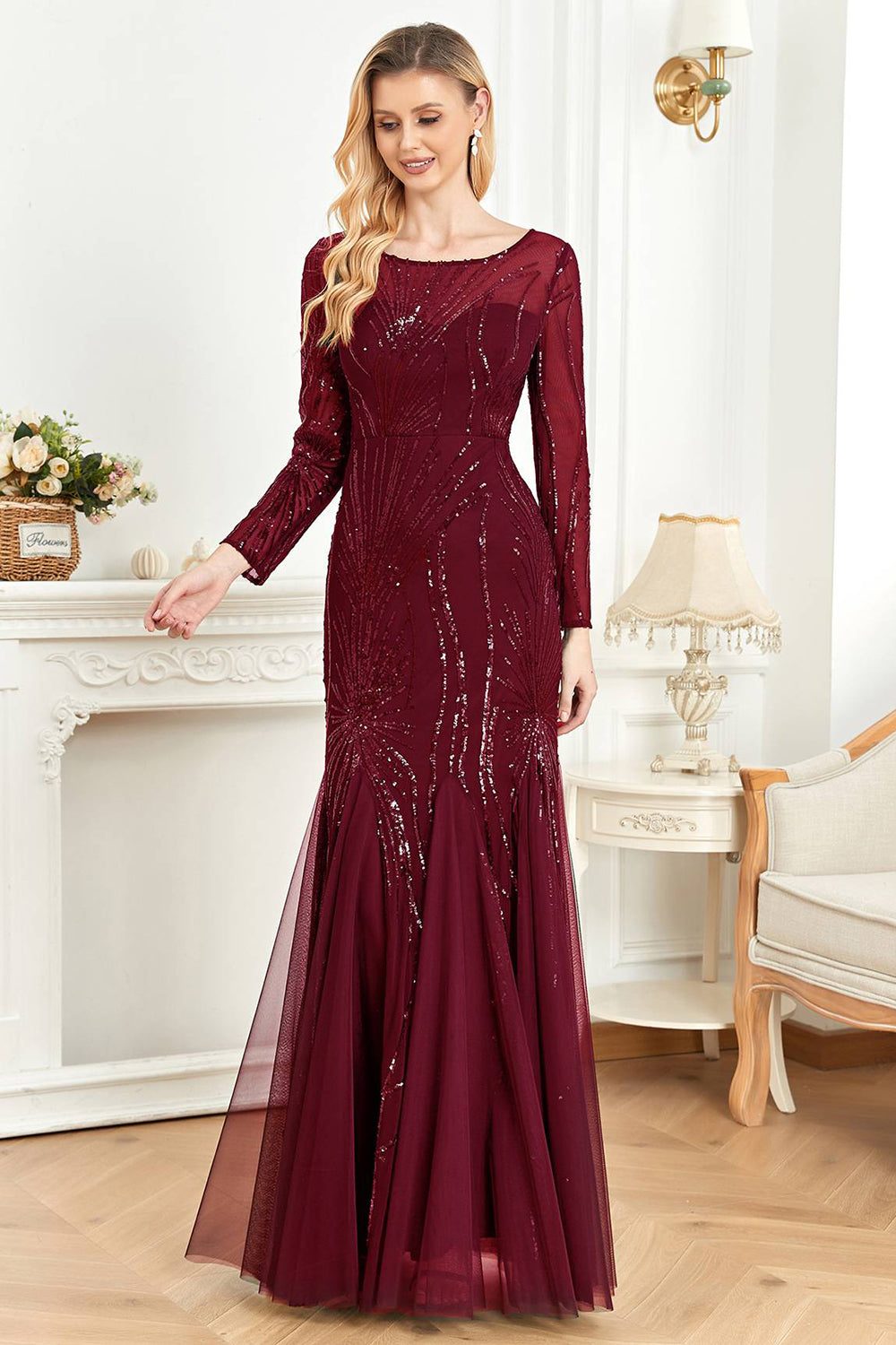 Black Mermaid Round Neck Long Prom Dress With Appliques Sparkly Evening Dresses