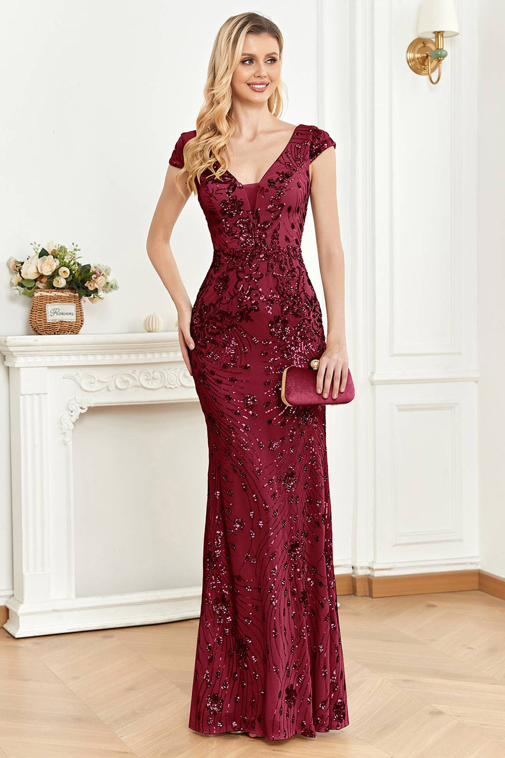 Mermaid Gold Applique Burgundy Prom Evening Gowns With Split MP816 main image 0