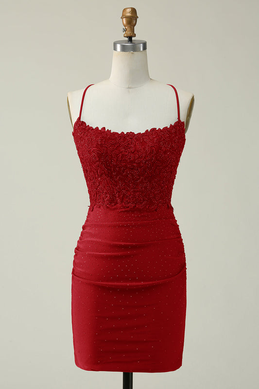 Sheath Spaghetti Straps Short Homecoming Dress with Appliques Sexy