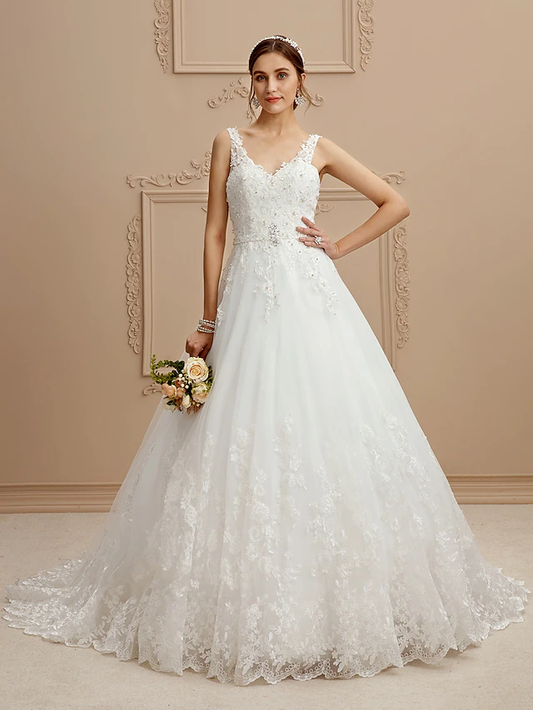 Ball Gown Wedding Dresses V Neck Court Train Tulle Beaded Lace Lace Over Tulle Spaghetti Strap Glamorous Illusion Detail Backless with Beading