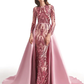 Luxurious Sparkle Prom Formal Evening Dress Jewel Neck Long Sleeve Detachable Sequined with Overskirt Pattern Print