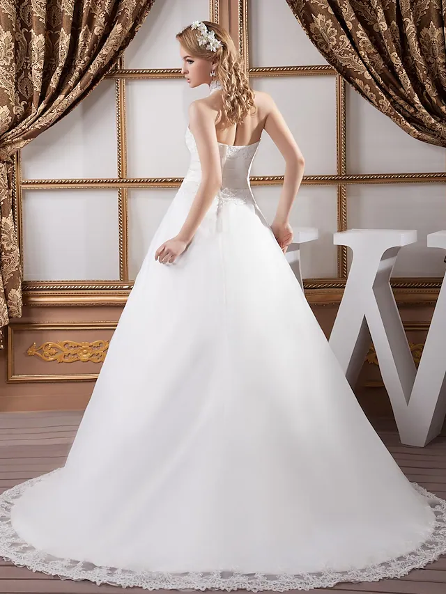 A-Line Wedding Dresses High Neck Court Train Lace Satin Tulle Regular Straps with Ruched Beading