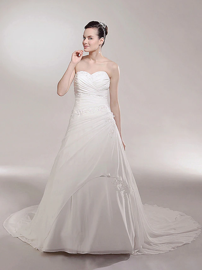 Princess A-Line Wedding Dresses Sweetheart Neckline Strapless Cathedral Train Chiffon