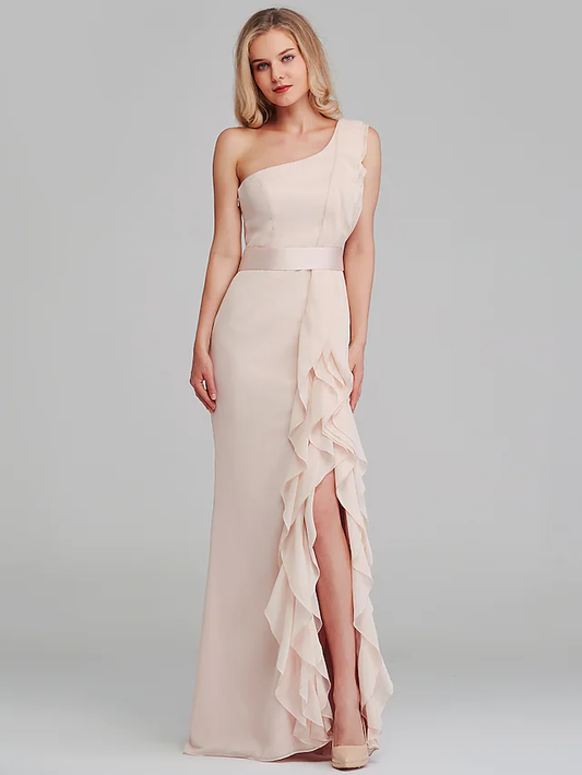 Pearl Pink Shoulder Long Length Chiffon Bridesmaid Dress with Cascading Ruffles