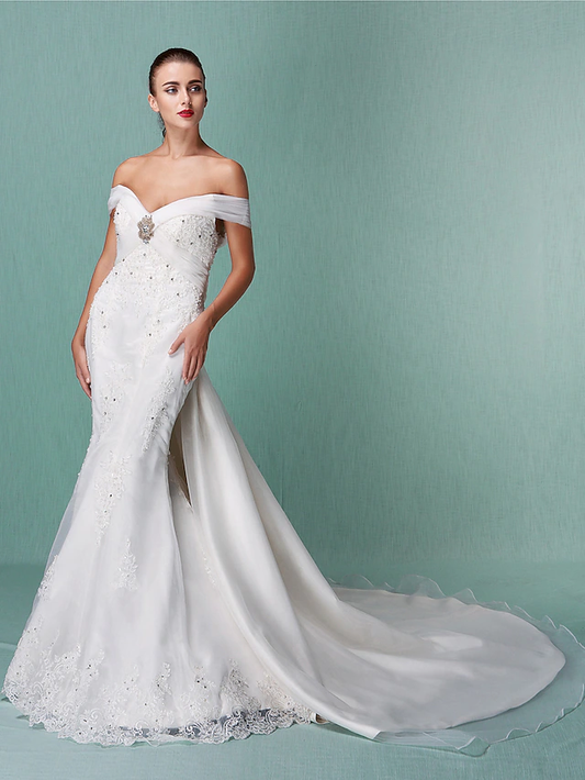 Wedding Dresses Off Shoulder Chapel Train Organza Short Sleeve with Beading Appliques Crystal