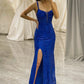 Royal Blue Spaghetti Straps Long Corset Prom Dress With Slit