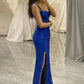 Royal Blue Spaghetti Straps Long Corset Prom Dress With Slit