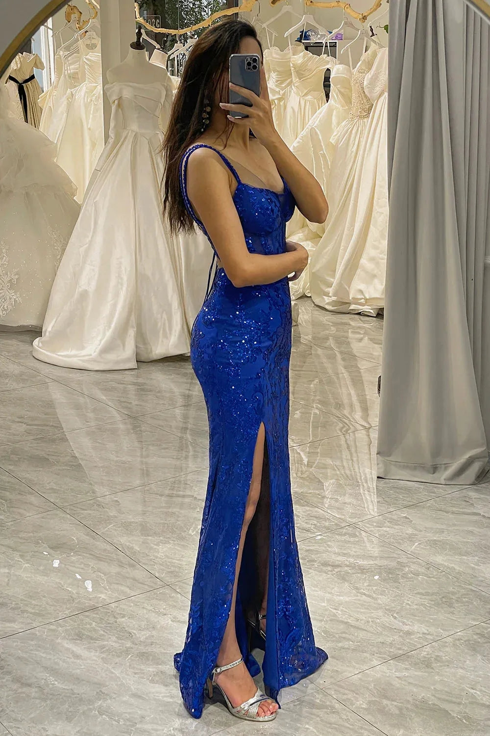 Royal Blue Spaghetti Straps Long Corset Prom Dress With Slit