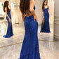 Royal Blue Spaghetti Straps Long Corset Prom Dress With Slit