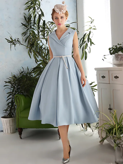 A-Line Elegant Vintage Inspired Cocktail Party Prom Dress V Neck Sleeveless Tea Length