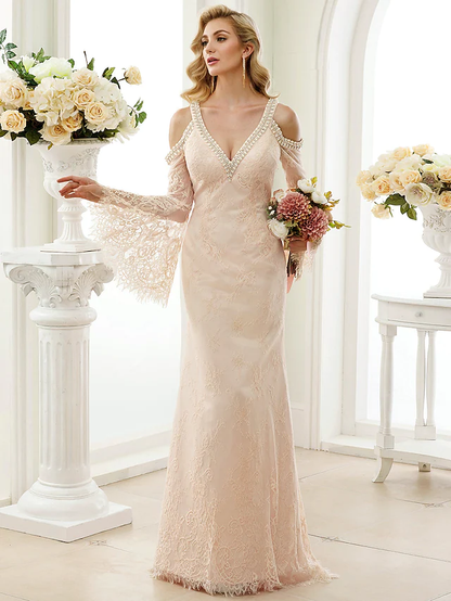 Wedding Dresses Plunging Neck Sheer Lace Long Sleeve Wedding Dress in Color Open Back Floral Lace with Bow(s)