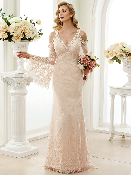 Wedding Dresses Plunging Neck Sheer Lace Long Sleeve Wedding Dress in Color Open Back Floral Lace with Bow(s)