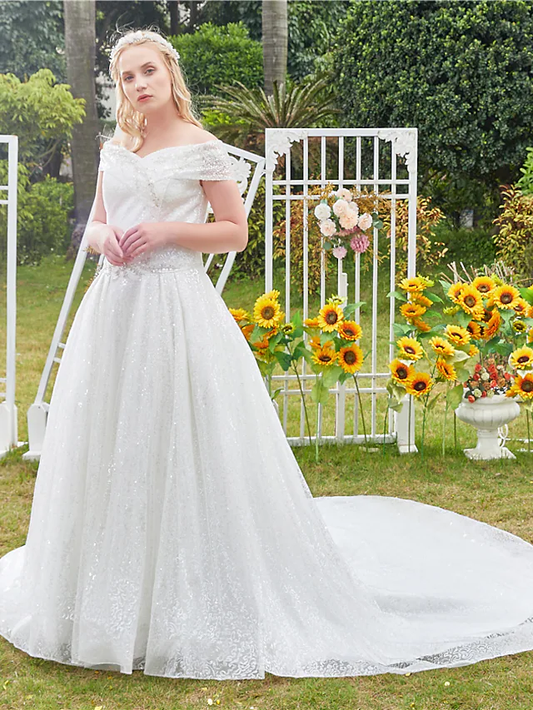 Princess Ball Gown Wedding Dresses Off Shoulder Cathedral Train Lace Tulle Sleeveless Formal Romantic Luxurious Sparkle & Shine Plus Size with Beading
