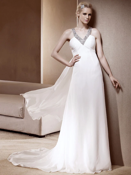 Princess A-Line Wedding Dresses V Neck Court Train Chiffon Sleeveless Sparkle & Shine