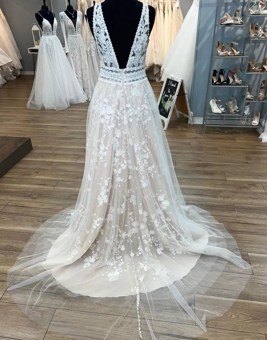 A-Line Deep V Neck Plus Size Wedding Dress With Appliques Long Sexy