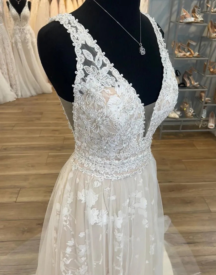 A-Line Deep V Neck Plus Size Wedding Dress With Appliques Long Sexy