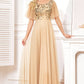 Champange Half Sleeves Long Tulle Prom Dress With Embroidery Sparkly Evening Dresses