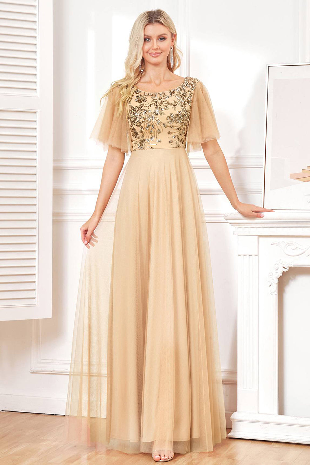 Champange Half Sleeves Long Tulle Prom Dress With Embroidery Sparkly Evening Dresses