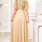 Champange Half Sleeves Long Tulle Prom Dress With Embroidery Sparkly Evening Dresses