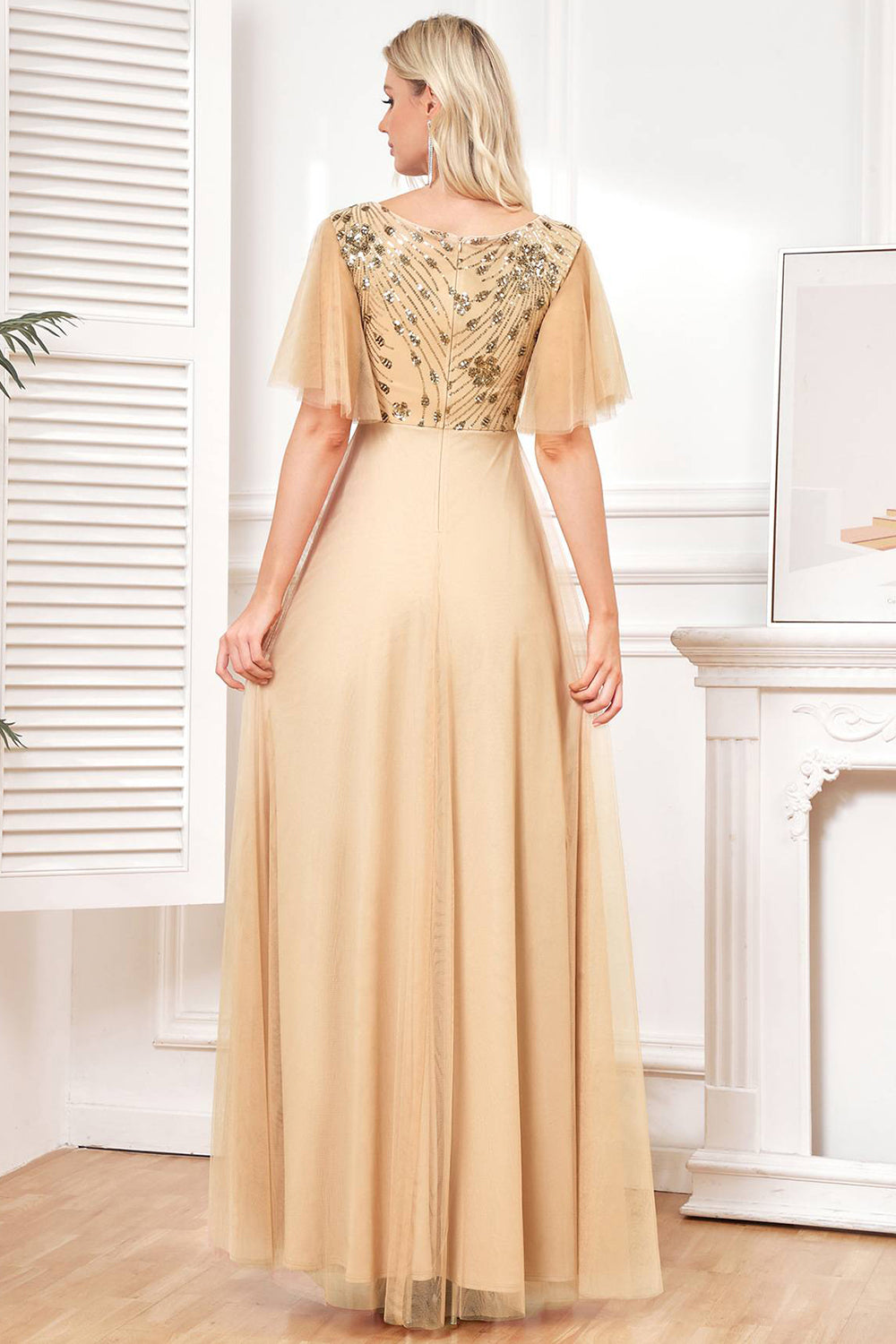 Champange Half Sleeves Long Tulle Prom Dress With Embroidery Sparkly Evening Dresses