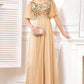 Champange Half Sleeves Long Tulle Prom Dress With Embroidery Sparkly Evening Dresses