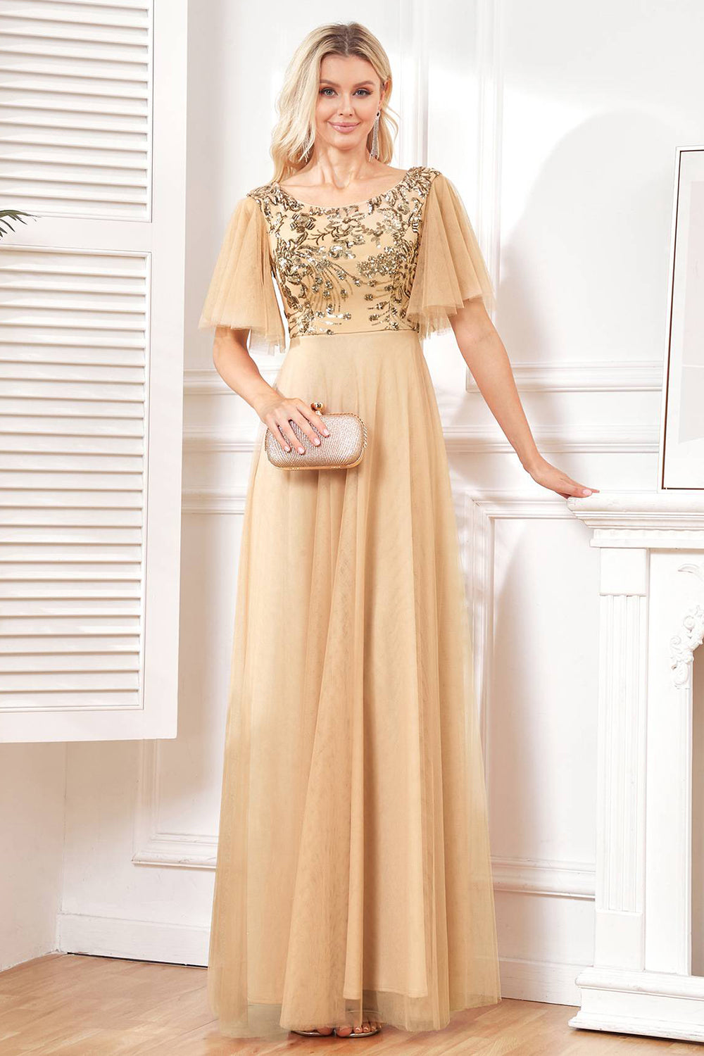 Champange Half Sleeves Long Tulle Prom Dress With Embroidery Sparkly Evening Dresses