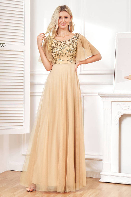 Champange Half Sleeves Long Tulle Prom Dress With Embroidery Sparkly Evening Dresses