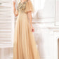 Champange Half Sleeves Long Tulle Prom Dress With Embroidery Sparkly Evening Dresses